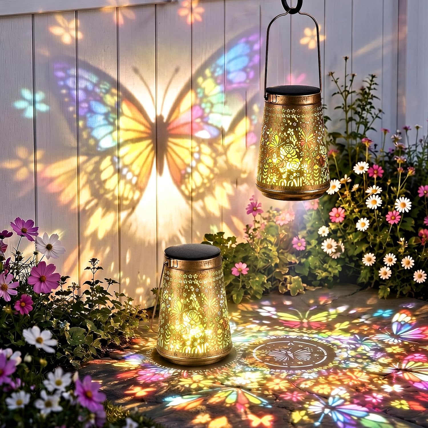 2 Pack Butterfly & Flower Hanging Solar Lantern