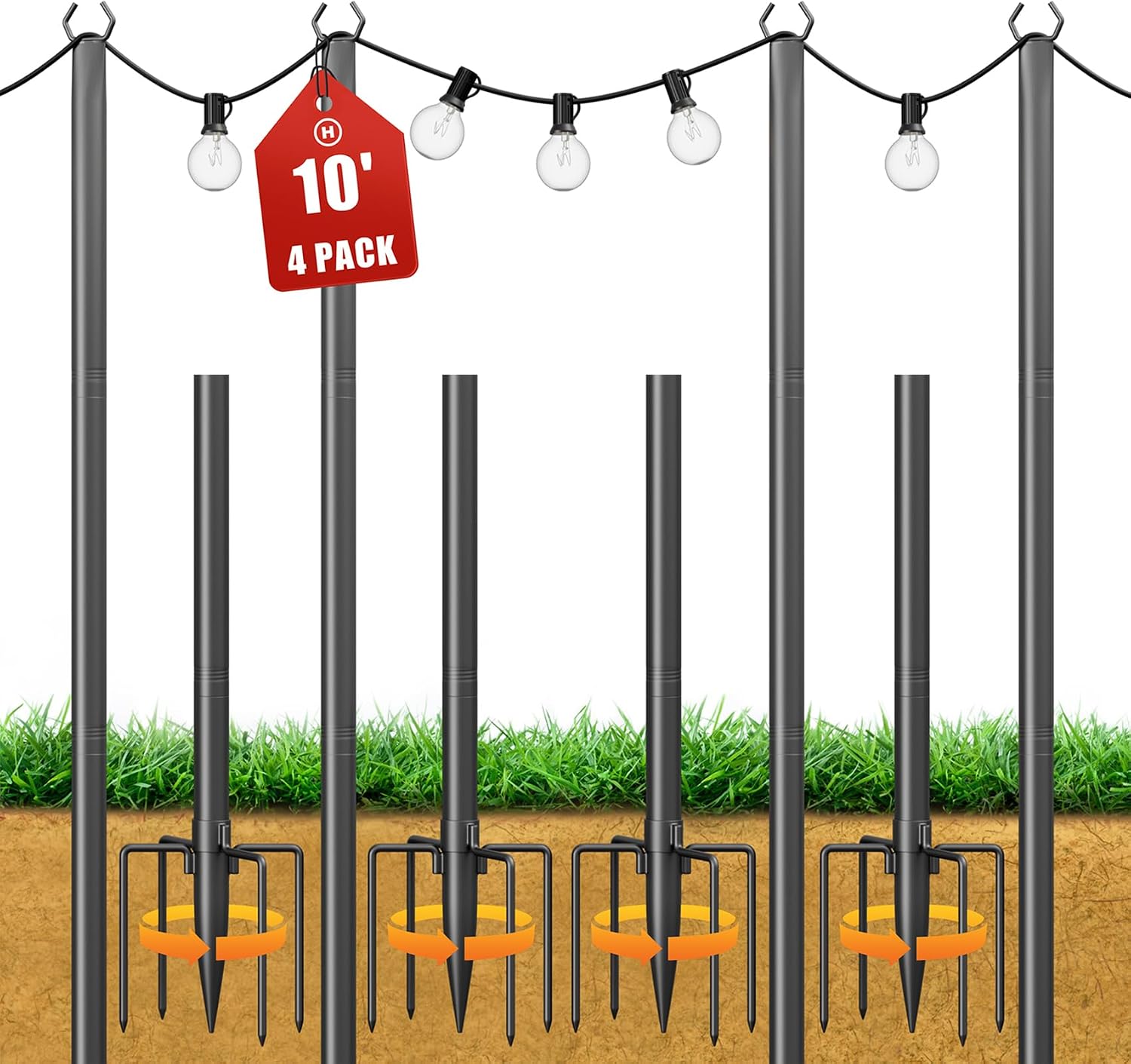 String Light Poles for Outside, 10ft Adjustable Metal Poles. 2 - 6 Pcs