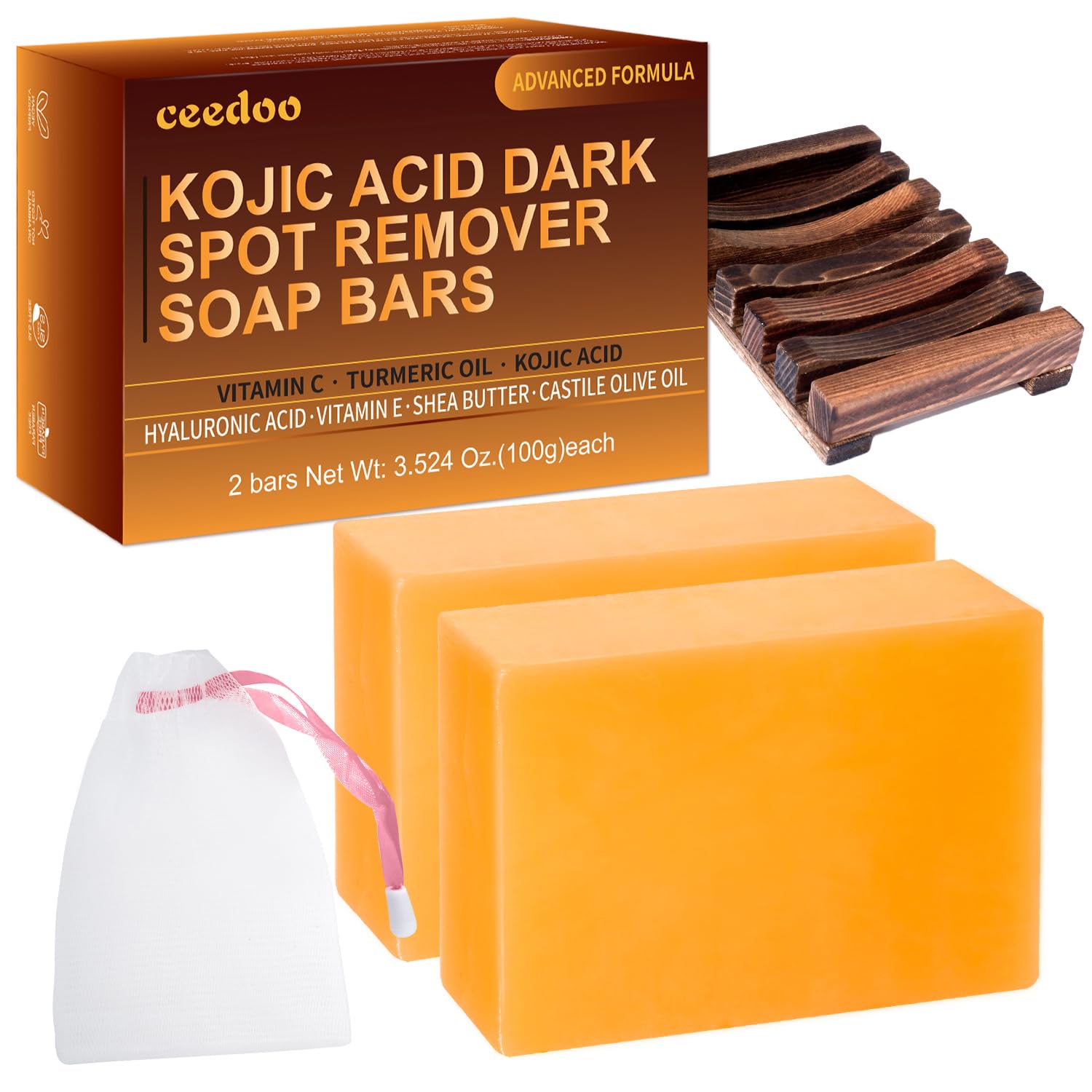 2 Pack, Kojic Acid Soap for Dark Spot Remover Bars. Comes with Soap Holder and Bag