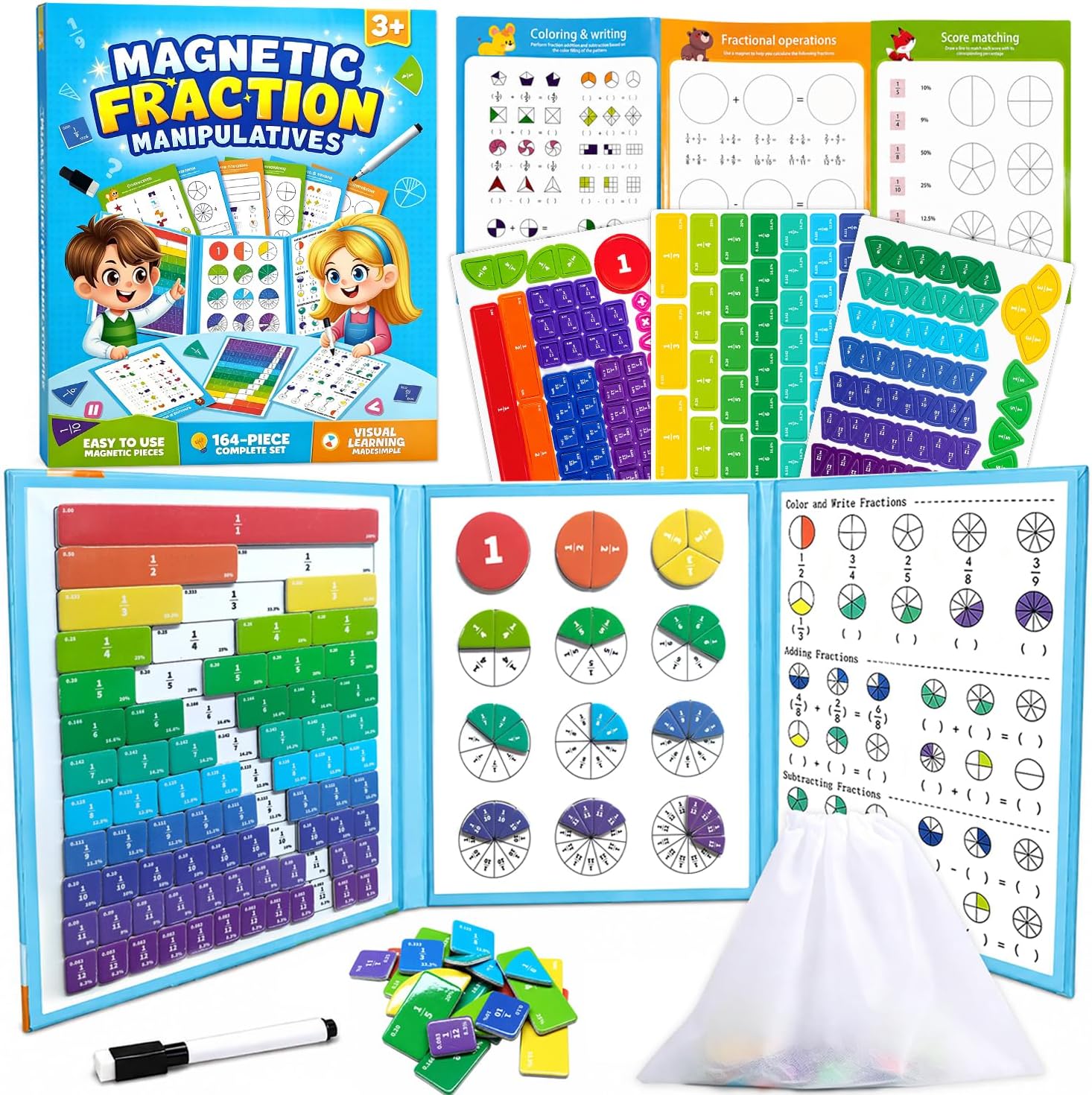 Magnetic Fraction Playbook with 164 Pcs Fraction Tiles and Circles