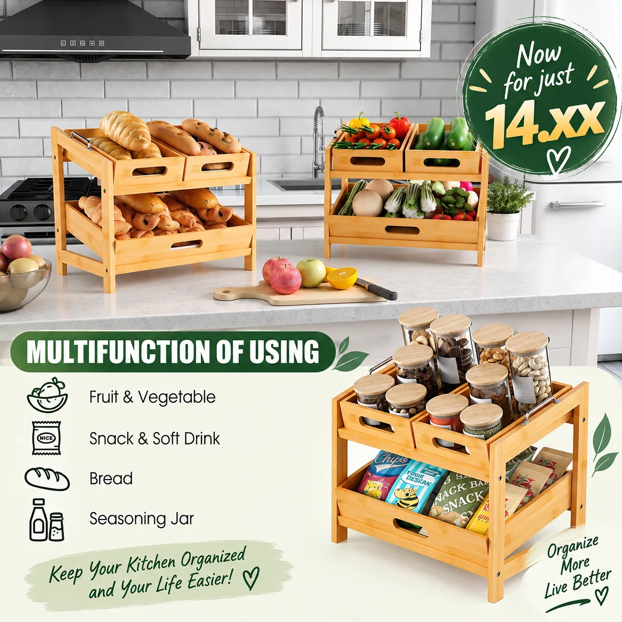 2 Tier Bamboo Fruit Basket for Kitchen Counter