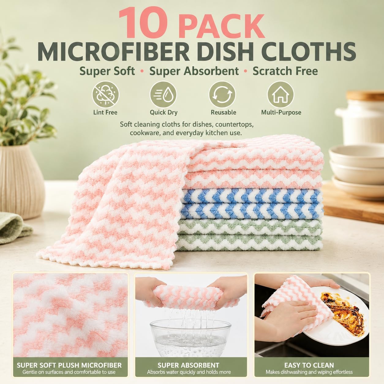 10PACK Kitchen Cleaning Cloths, Microfiber Dish Cloths