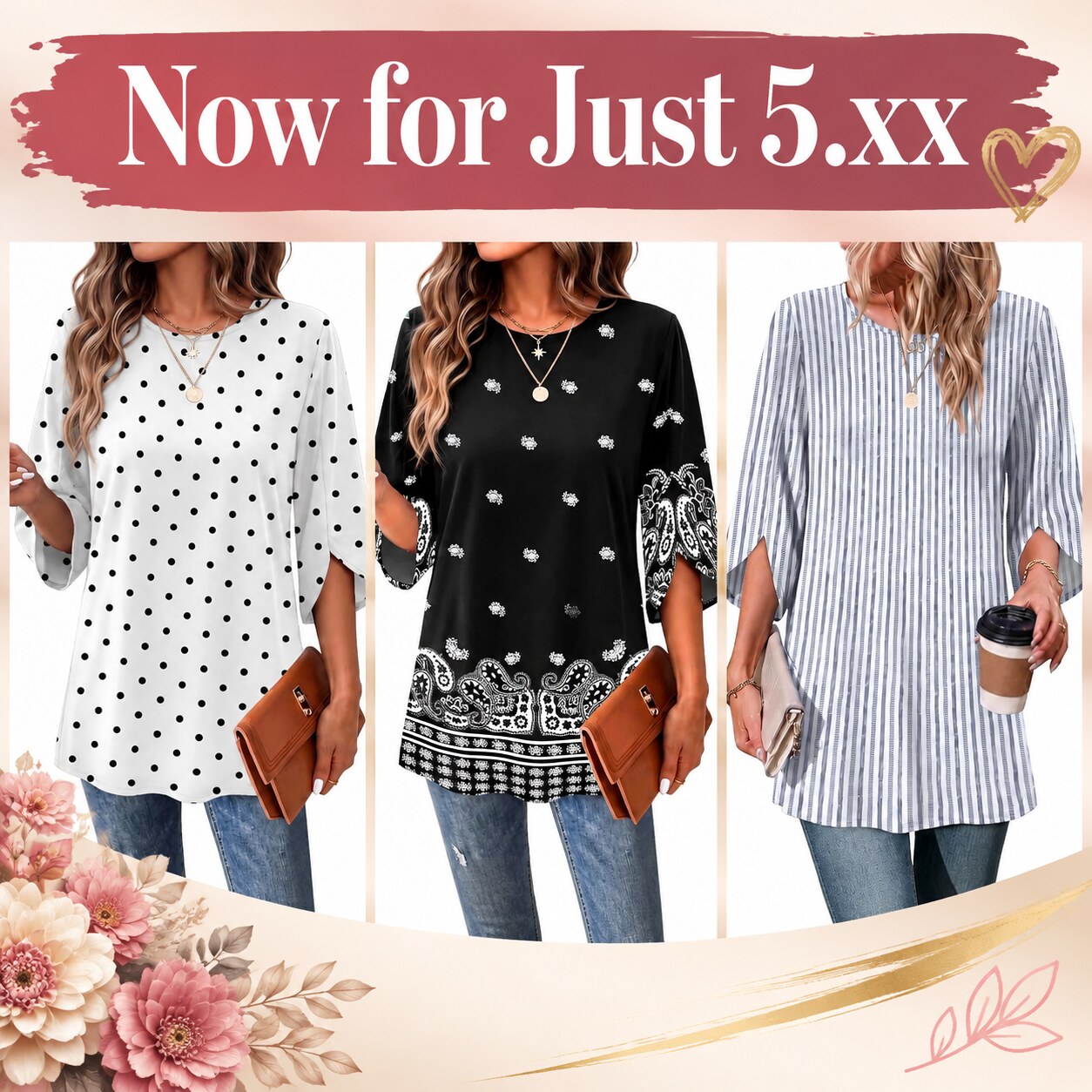 OFEEFAN 3/4-Sleeve Tunic Top