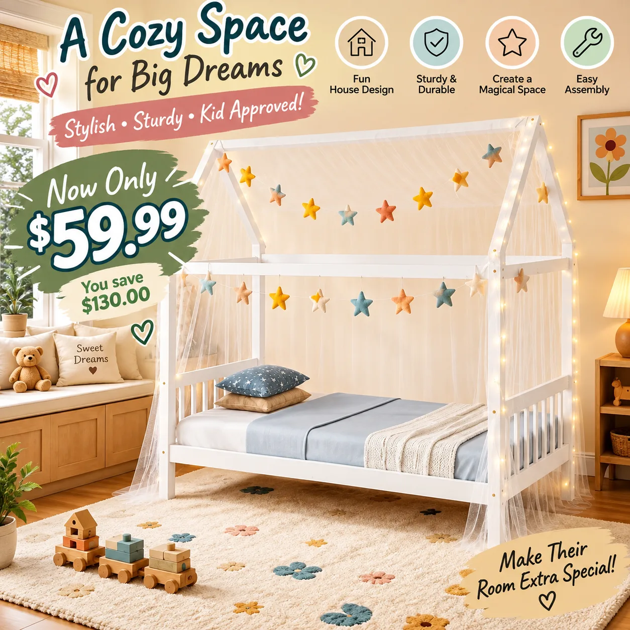 Twin House Bed for Kids