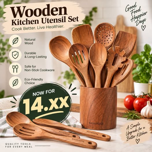 10-Piece Teak Wooden Utensils Set with Holder & Spoon Rest